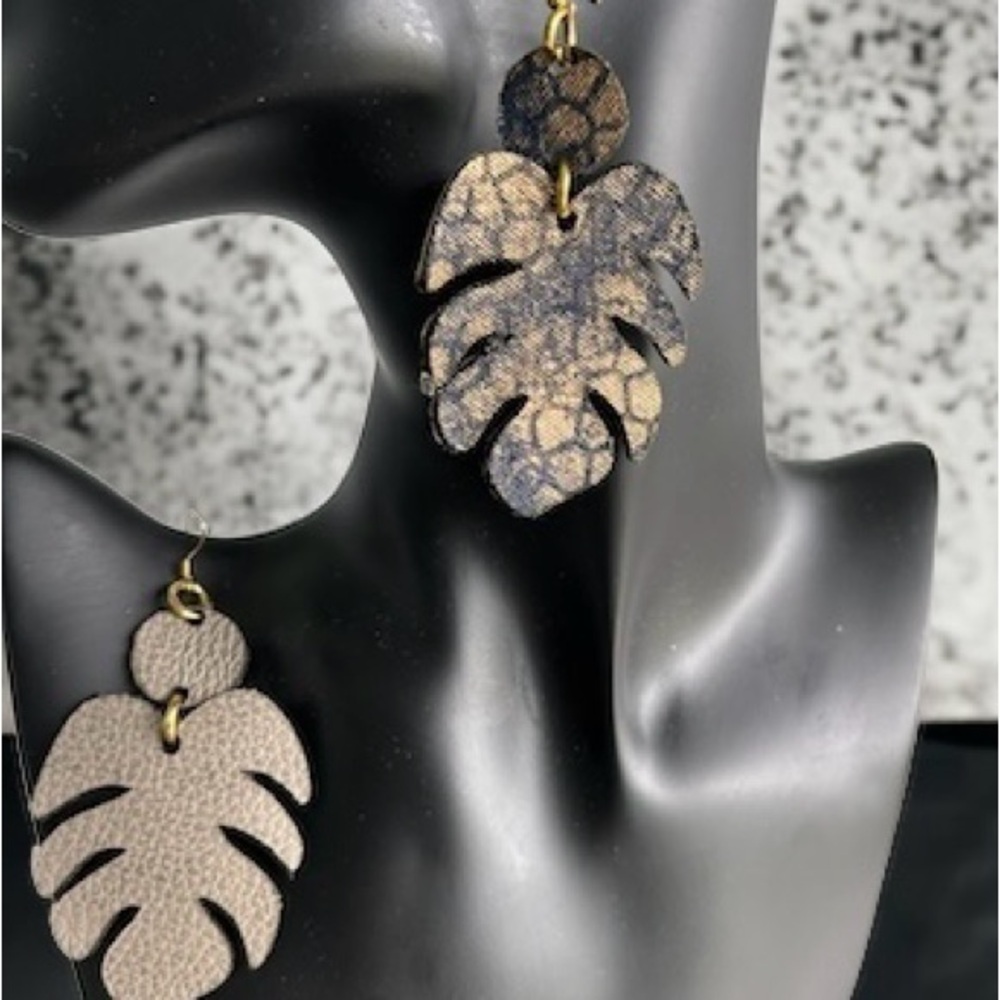 Leather and Fabric Reversible Earrings. 3”Drop Hypoallergenic earrin…